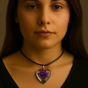 Heart-Shaped Purple Tree  Floral Pendant Necklace 18" Brown Cord Fashion Jewelry